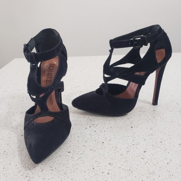 Schutz suede studded strappy heels black 6.5 - Picture 1 of 6